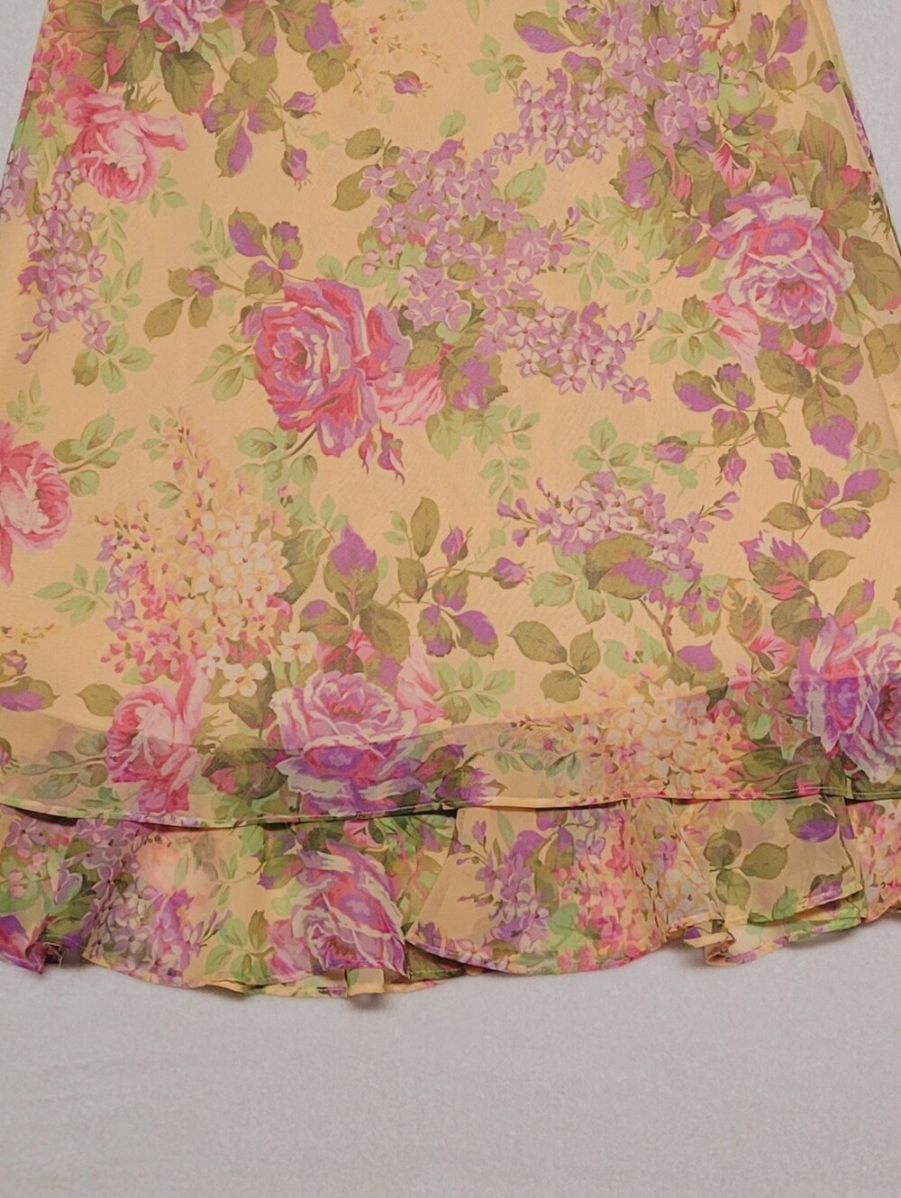 Boho 90s Vintage Peach Purple Floral Cabbage Rose Tiered Ruffle Midi Skirt 12 - Picture 5 of 8